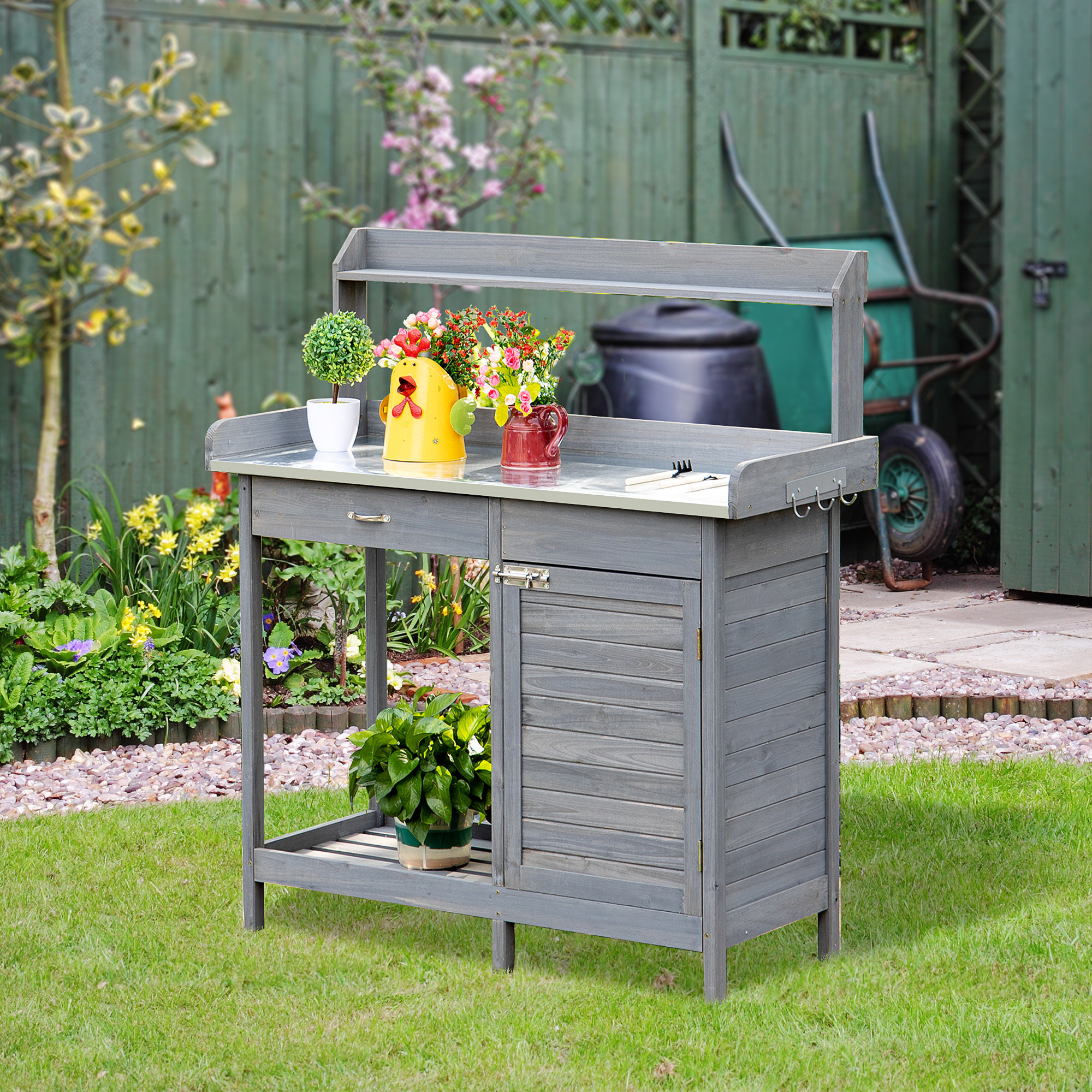 Freeport Park Herbst Potting Bench Table With Storage Cabinet And Open Shelf Garden Planting Workstation With Steel Tabletop Reviews Wayfair